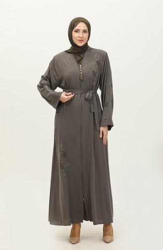 Vison Abaya Brodé De Pierre À Motifs De Feuilles 7845.Vizon