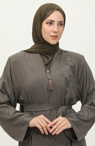 Yaprak Desenli Taşlı Nakışlı Abaya Vizon