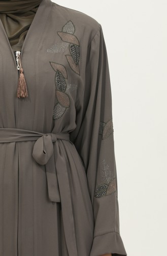 Vison Abaya Brodé De Pierre À Motifs De Feuilles 7845.Vizon