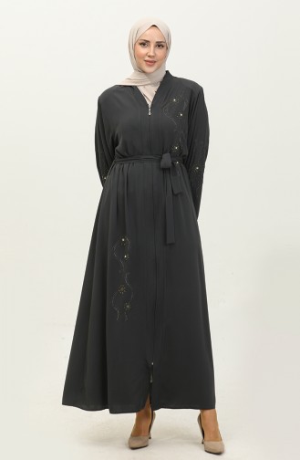 Embroidered Stoned Zippered Abaya Anthracite 7847.Antrasit