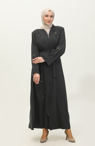 Embroidered Stoned Zippered Abaya Anthracite 7847.Antrasit