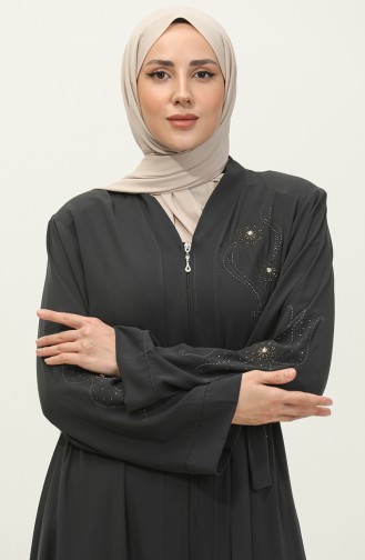 Embroidered Stoned Zippered Abaya Anthracite 7847.Antrasit