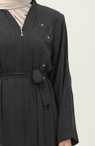 Embroidered Stoned Zippered Abaya Anthracite 7847.Antrasit