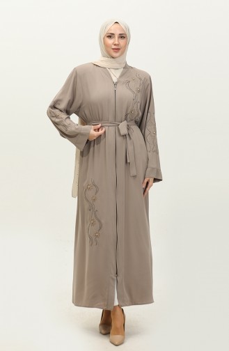 Abaya Zippée Brodée Stoned Beige 7847.Bej