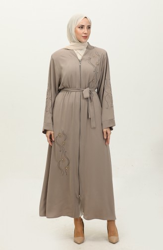 Abaya Zippée Brodée Stoned Beige 7847.Bej