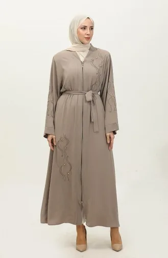 Abaya Zippée Brodée Stoned Beige 7847.Bej