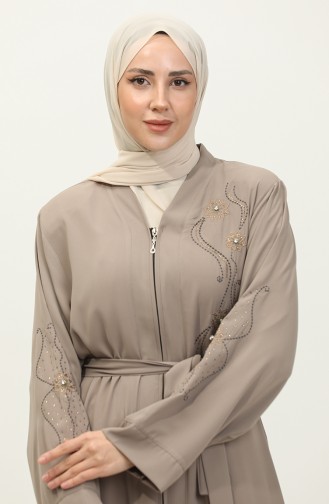 Geborduurde Stoned Abaya Beige Met Ritssluiting 7847.Bej