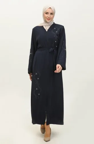 Abaya Zippée Brodée Stoned Bleu Marine 7847.Lacivert