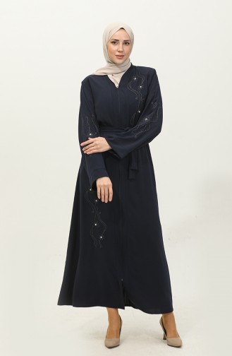 Embroidered Stoned Zippered Abaya Navy Blue 7847.Lacivert