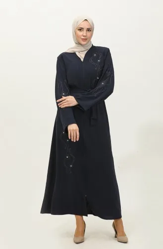 Abaya Zippée Brodée Stoned Bleu Marine 7847.Lacivert