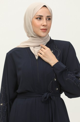 Embroidered Stoned Zippered Abaya Navy Blue 7847.Lacivert