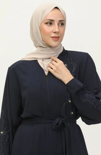 Abaya Zippée Brodée Stoned Bleu Marine 7847.Lacivert
