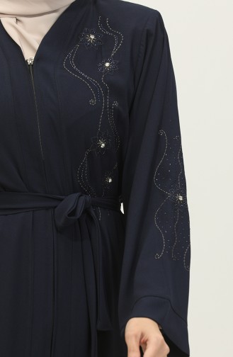 Embroidered Stoned Zippered Abaya Navy Blue 7847.Lacivert