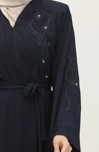 Abaya Zippée Brodée Stoned Bleu Marine 7847.Lacivert