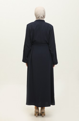 Embroidered Stoned Zippered Abaya Navy Blue 7847.Lacivert