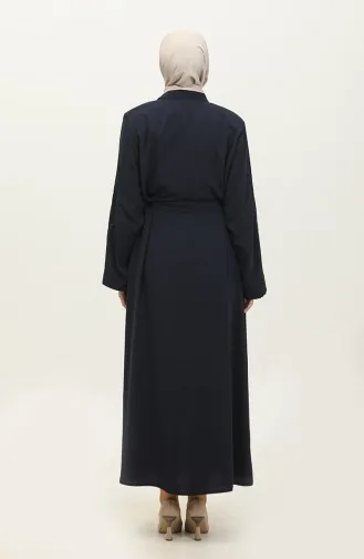Abaya Zippée Brodée Stoned Bleu Marine 7847.Lacivert