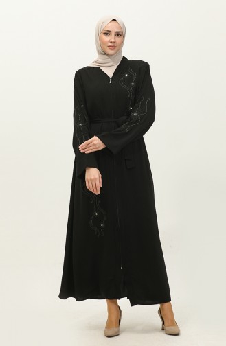 Abaya Mit Besticktem Stoned-Reißverschluss In Schwarz 7847.Siyah