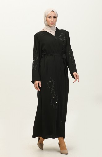 Abaya Mit Besticktem Stoned-Reißverschluss In Schwarz 7847.Siyah