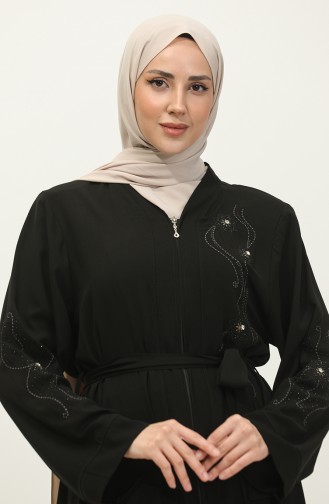 Geborduurde Stoned Abaya Met Ritssluiting Zwart 7847.Siyah