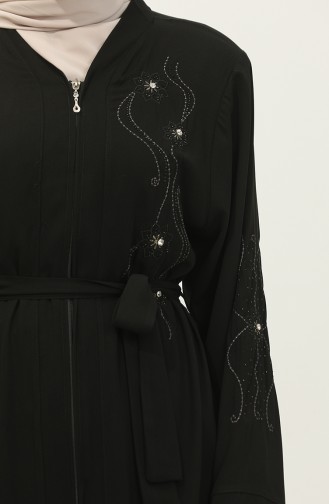 Abaya Mit Besticktem Stoned-Reißverschluss In Schwarz 7847.Siyah