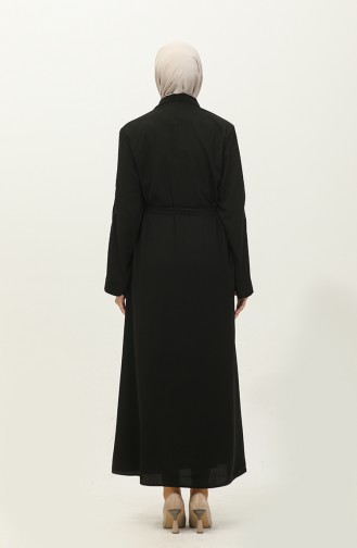 Geborduurde Stoned Abaya Met Ritssluiting Zwart 7847.Siyah