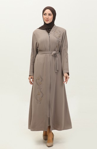 Embroidered Stoned Zippered Abaya Milk Coffee 7847.Sütlü Kahve