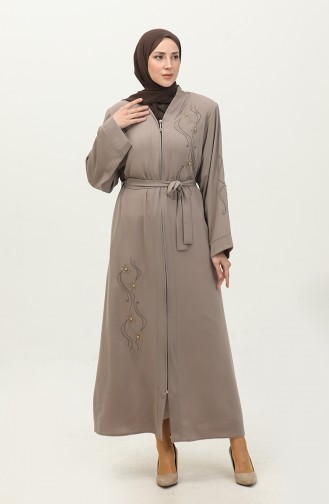 Embroidered Stoned Zippered Abaya Milk Coffee 7847.Sütlü Kahve