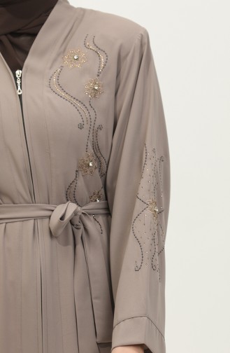 Embroidered Stoned Zippered Abaya Milk Coffee 7847.Sütlü Kahve