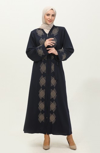 Abaya Brodée Pierre Allover Bleu Marine 7843.Lacivert