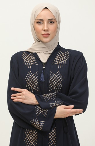 Allover Stone Embroidered Abaya Navy Blue 7843.Lacivert