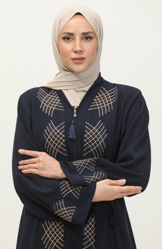 Abaya Brodée Pierre Allover Bleu Marine 7843.Lacivert