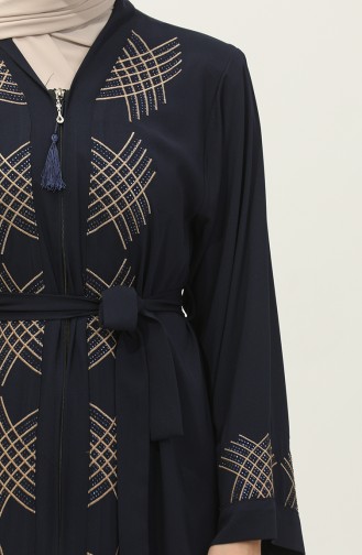 Allover Stone Embroidered Abaya Navy Blue 7843.Lacivert