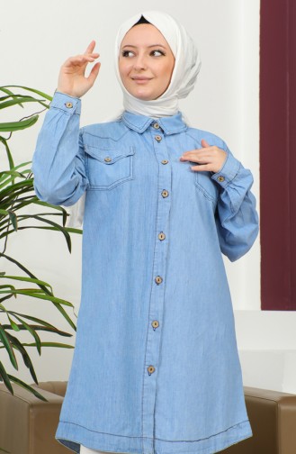 Buttoned Long Denim Shirt 30361-01 İce Blue 30361-01