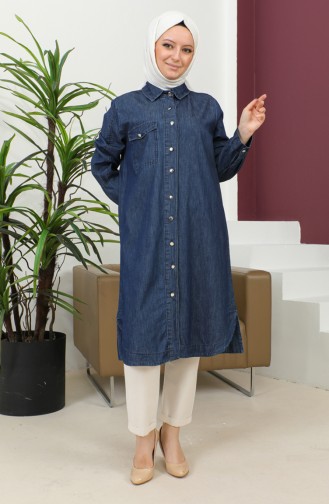 Buttoned Long Denim Tunic 30381-02 Navy Blue 30381-02