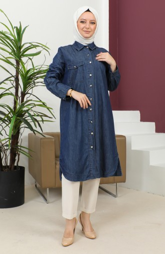 Buttoned Long Denim Tunic 30381-02 Navy Blue 30381-02