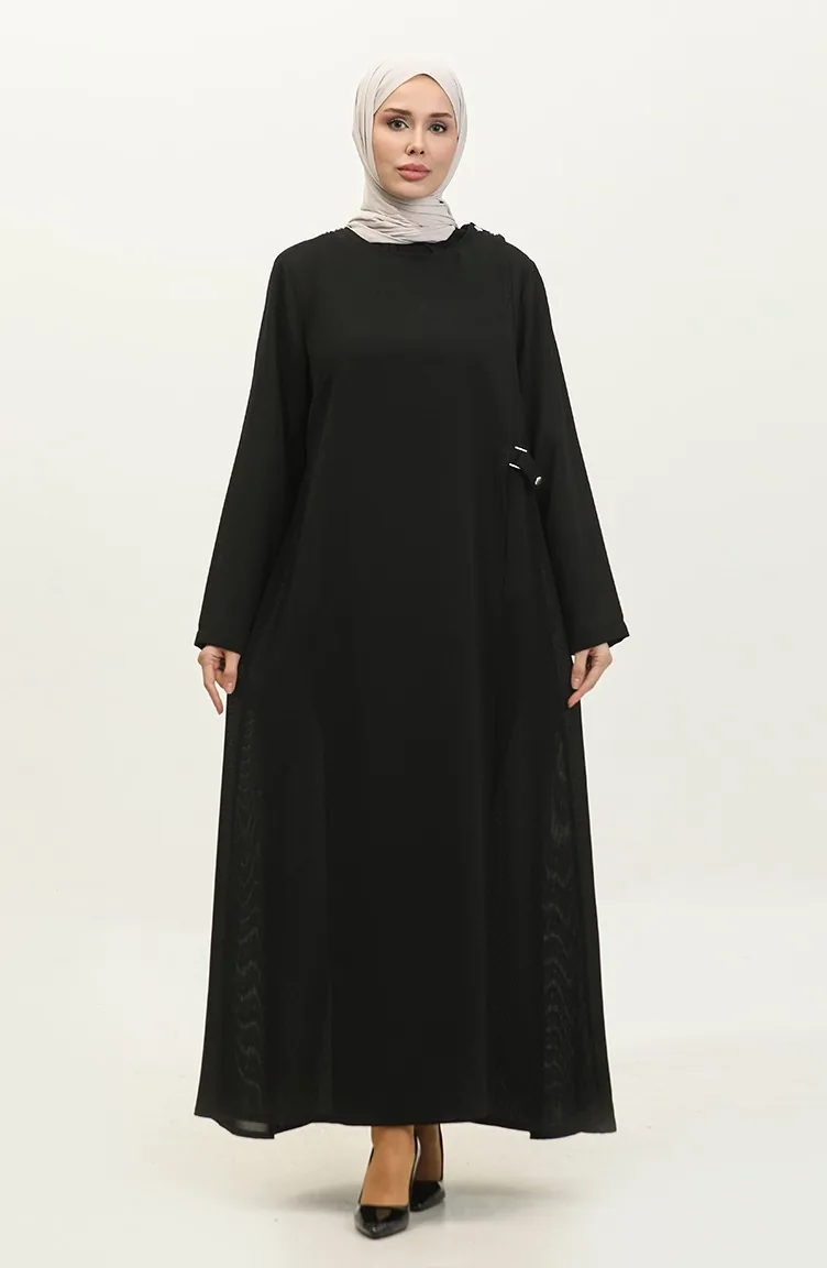 Abaya Grande Taille Avec Détail Bouton-pression 5196-01 Noir 5196-01