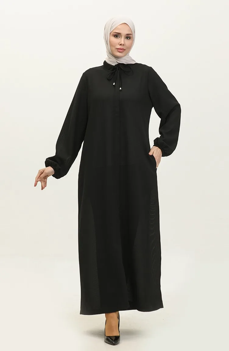 Große Abaya Mit Elastischen Ärmeln Und Taschen 5197-03 Schwarz 5197-03