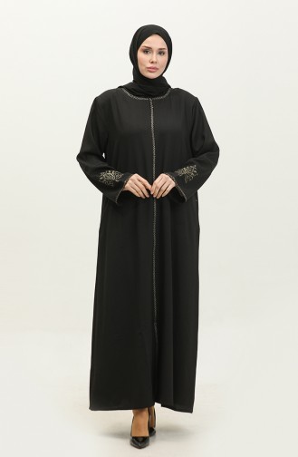 Geborduurde Verborgen Ritssluiting Abaya Zwart 2521.SİYAH