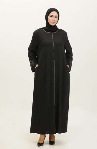 Geborduurde Verborgen Ritssluiting Abaya Zwart 2521.SİYAH
