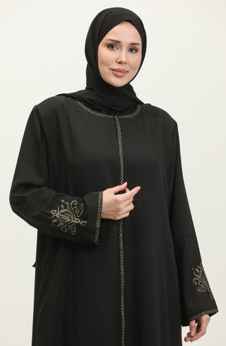 Geborduurde Verborgen Ritssluiting Abaya Zwart 2521.SİYAH