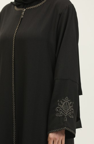 Embroidered Hidden Zipper Abaya Black 2521.SİYAH
