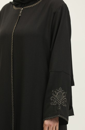 Geborduurde Verborgen Ritssluiting Abaya Zwart 2521.SİYAH