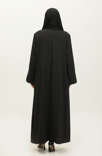 Geborduurde Verborgen Ritssluiting Abaya Zwart 2521.SİYAH