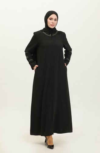 Summer Linen Abaya With Embroidered Sleeves And Collar Black 6032.Siyah