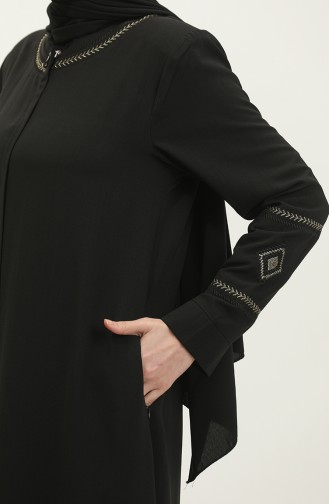 Summer Linen Abaya With Embroidered Sleeves And Collar Black 6032.Siyah