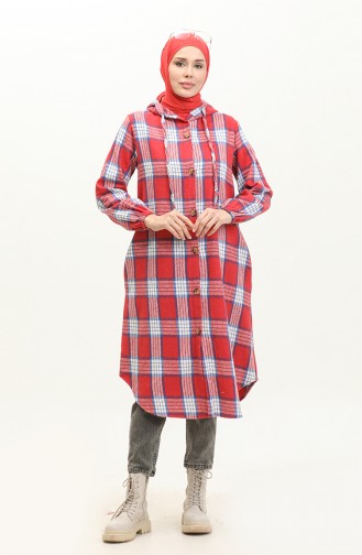 Plaid Pattern Hooded Cape NZR001c-06 Red İndigo 001-06