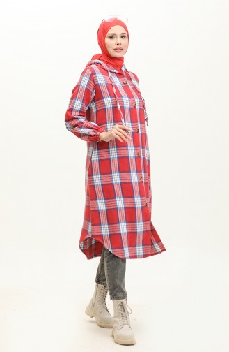 Plaid Pattern Hooded Cape NZR001c-06 Red İndigo 001-06