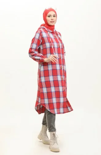 Ekose Desen Kapüşonlu Kap NZR001C-06 Kırmızı İndigo