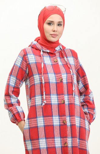 Plaid Pattern Hooded Cape NZR001c-06 Red İndigo 001-06