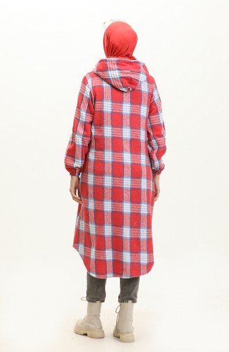 Plaid Pattern Hooded Cape NZR001c-06 Red İndigo 001-06